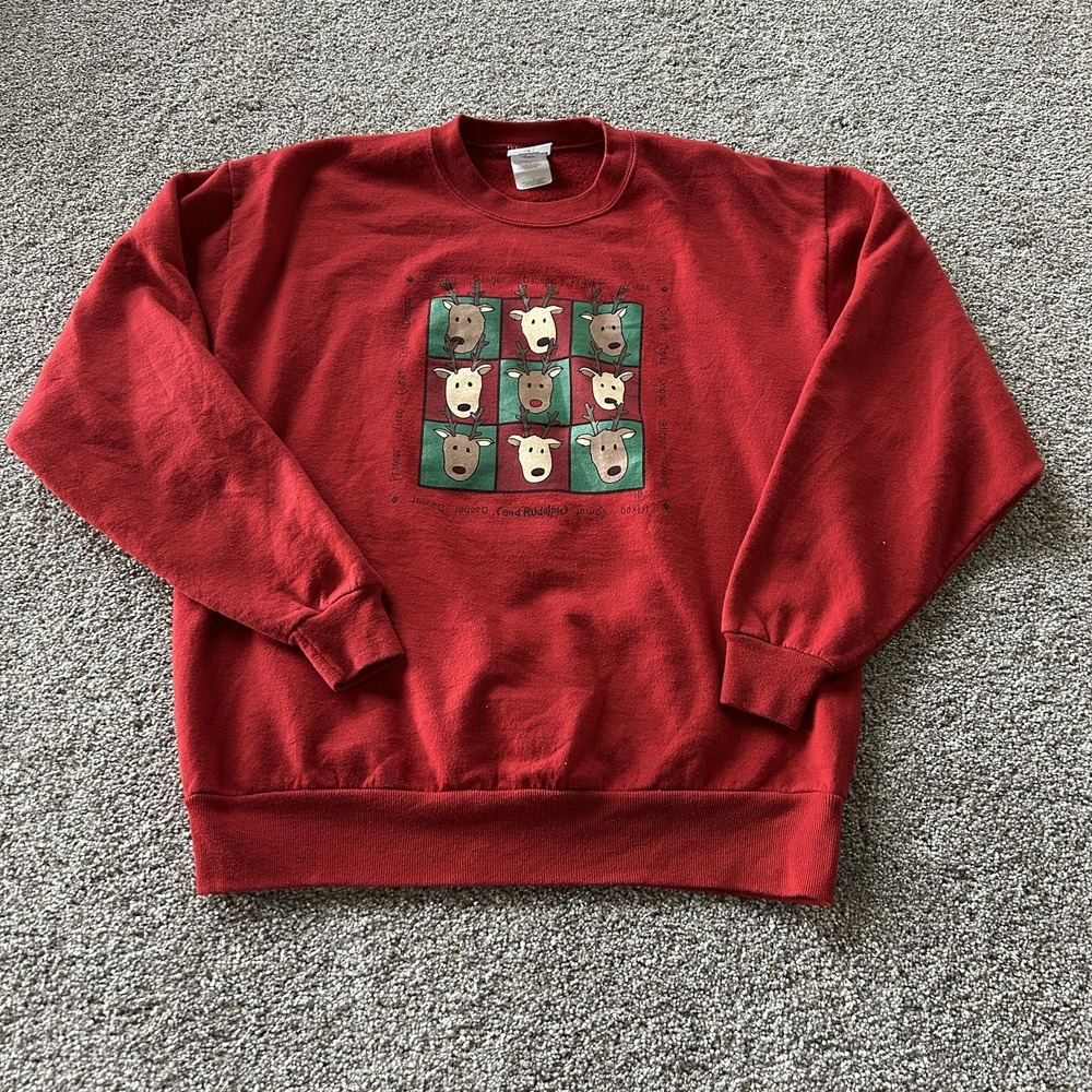 Vintage Jerzees Sweatshirt Mens Large Red Pullover Reindeer Rudolph Christmas